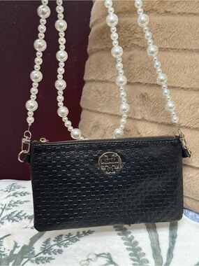 Tory Burch Black Leather Marion Crossbody Pouch Bag w/ Custom Pearl Chain